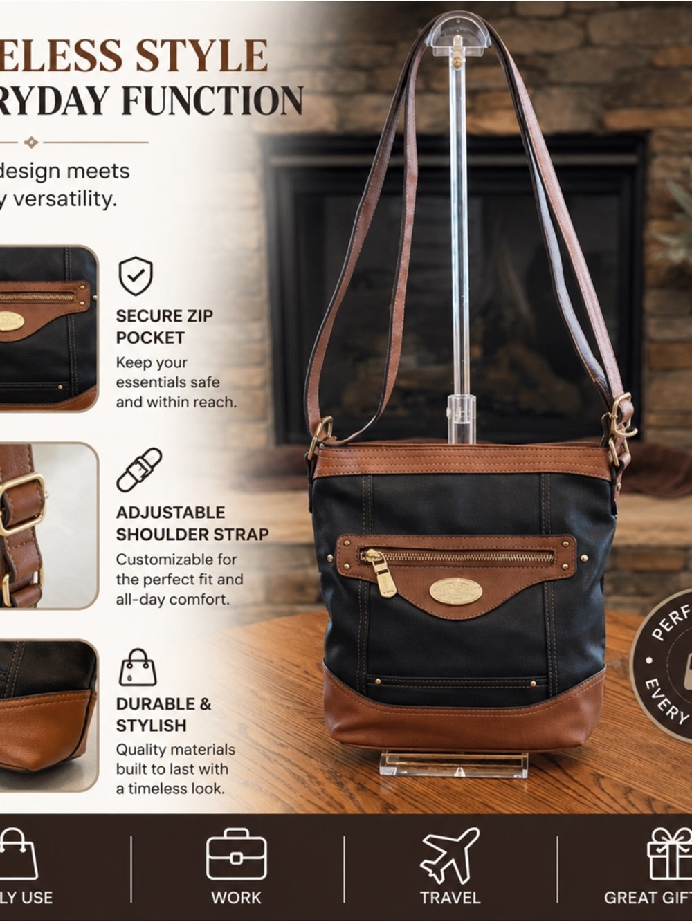 b.o.c Born of Concept Crossbody Two Tone Black and Brown with Power Bank Purse